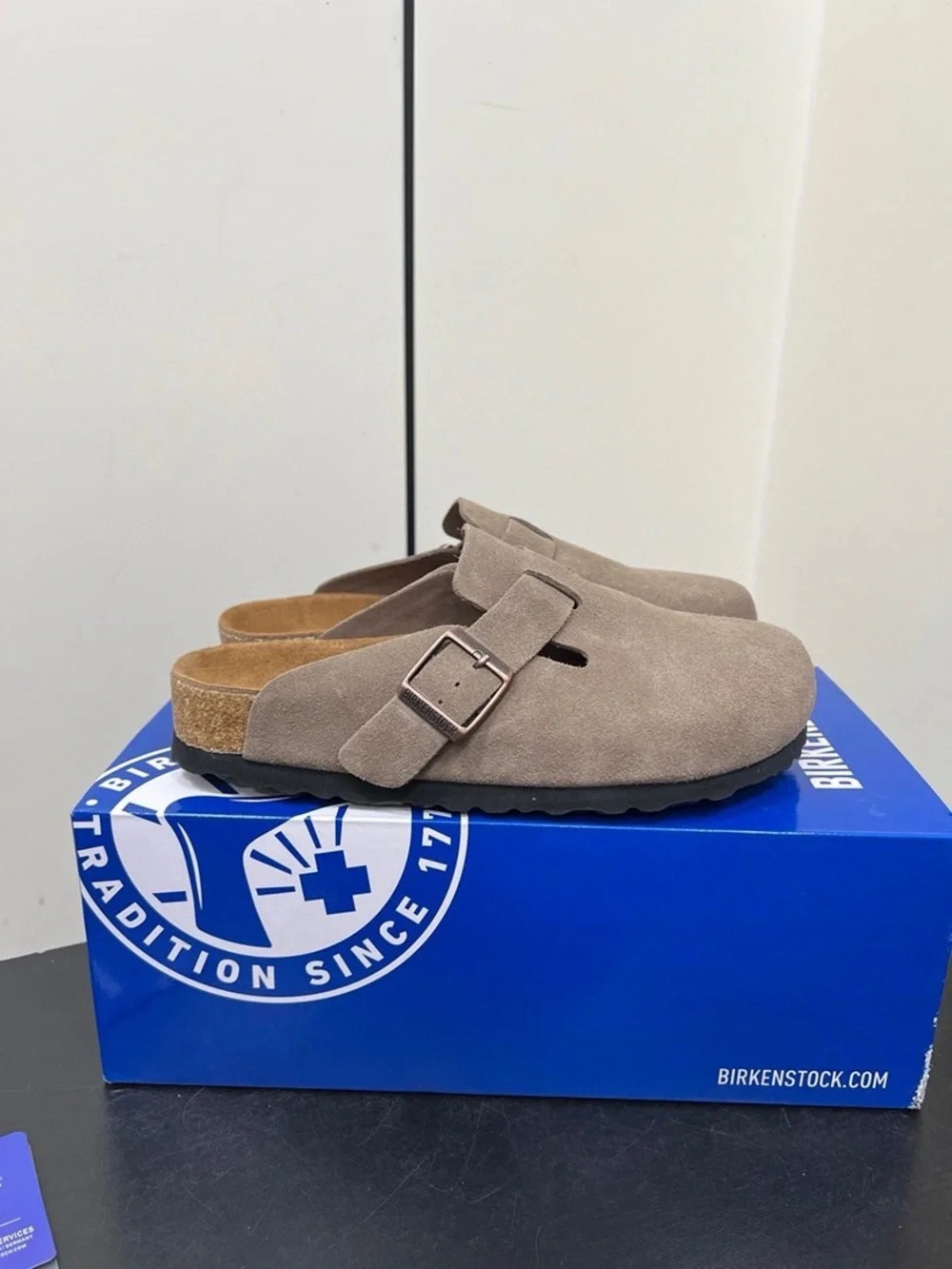 BIRKENSTOCK Boston taupe suede mule clogs
